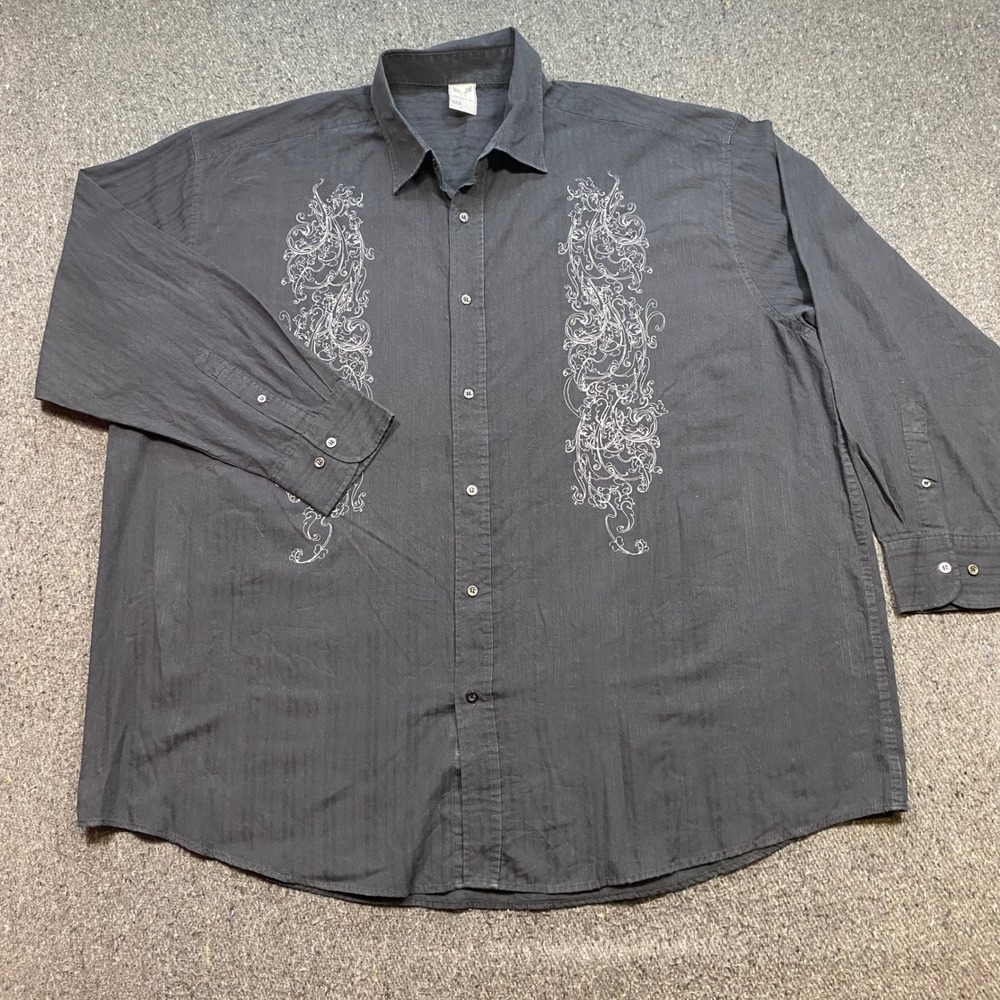 Avirex Button Down Shirt Sz 4XB Mens Black Skater Scroll Embroidery Long Sleeve